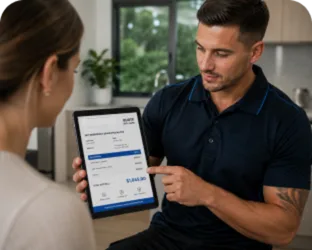 Plumber showing a Green Valley customer the quote on a tablet
