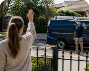 Customer waving goodbye to a plumber in Green Valley
